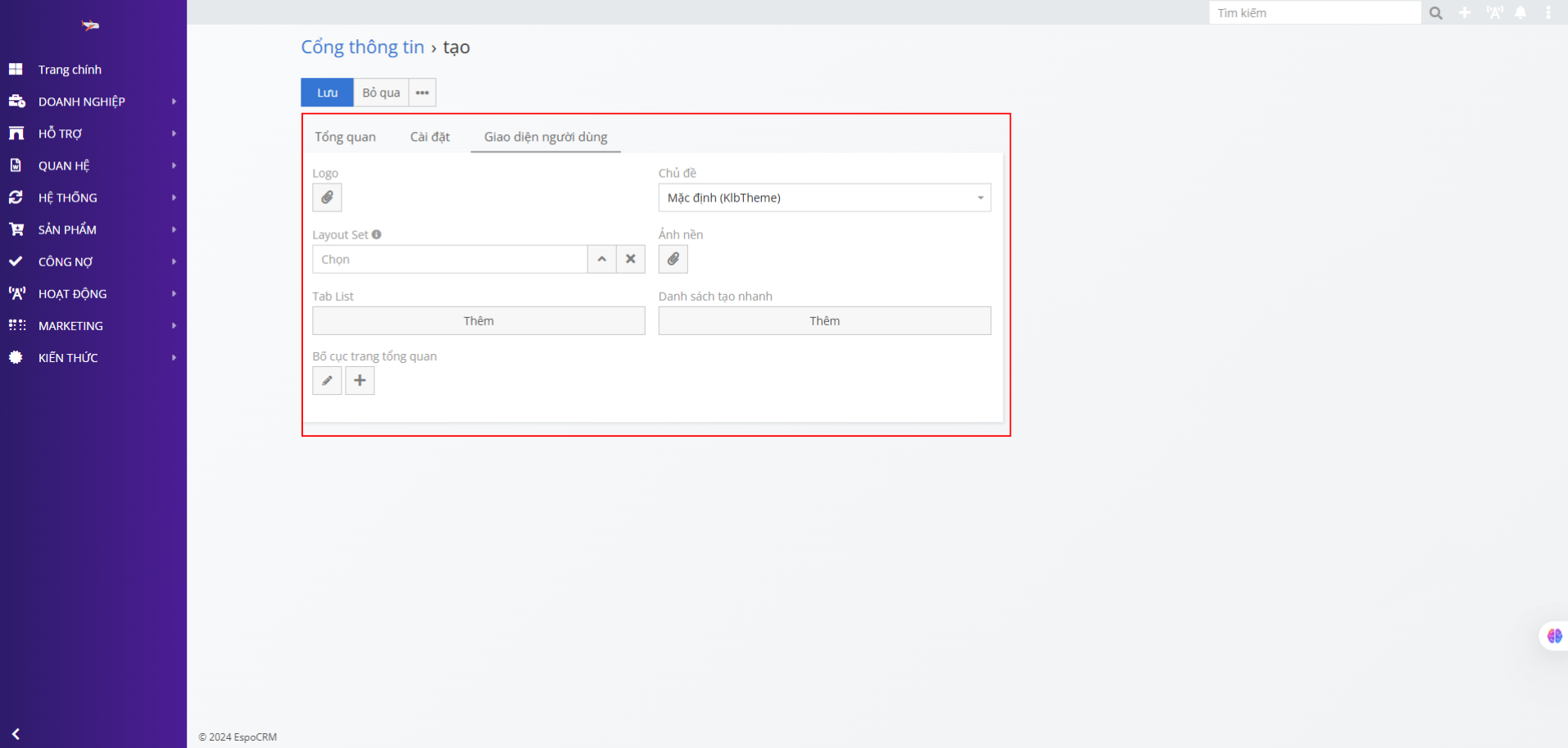 Tab Giao diện người dùng