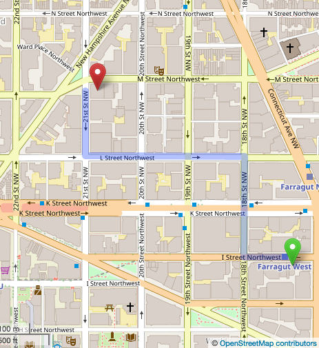 Map with path from origin to destination Map of a small section of Washington DC, showing a path from from an origin to a destination.
